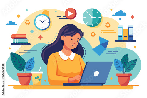 A woman works diligently on her laptop surrounded by vibrant decorations and plants in her office, Illustration of a woman working diligently to meet a deadline.