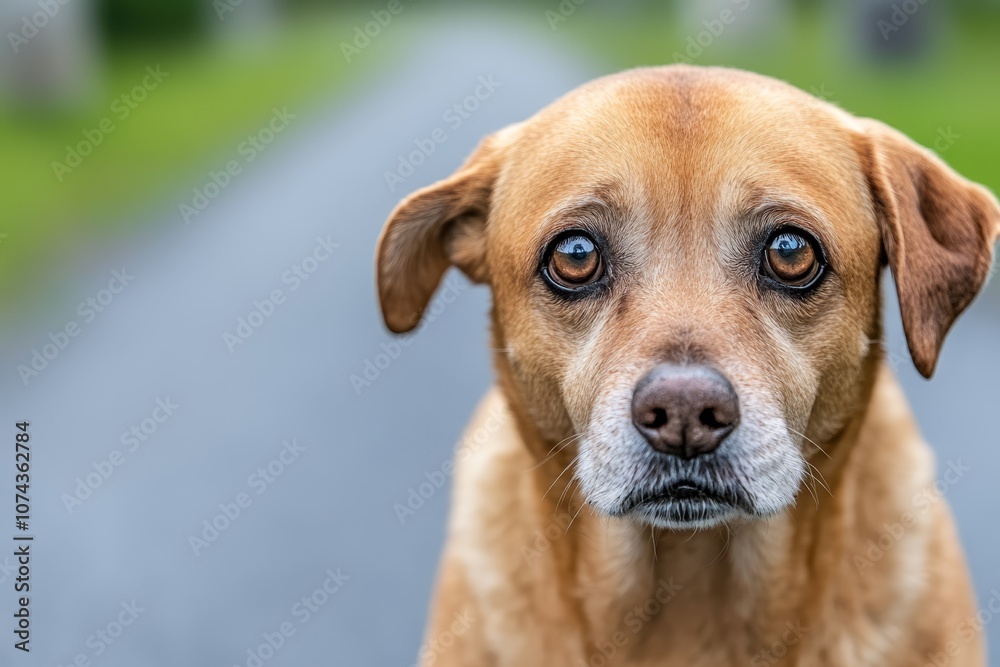 A brown dog sitting on the side of a road
