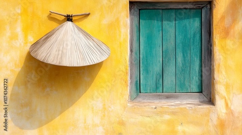 A yellow wall with a green door and a hat hanging on it