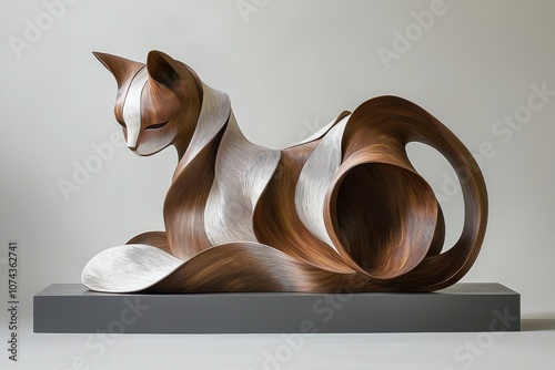 Elegant abstract sculpture of a cat with flowing design elements photo