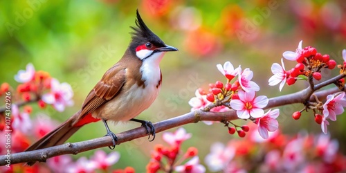 Red Whiskered Bulbul bird perching on blooming Xylosma tree branch, wildlife, nature, bird, Red Whiskered Bulbul photo