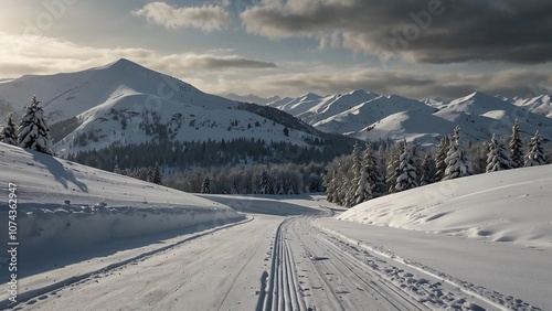 Winter landscape with mountains, forest, and ski trail