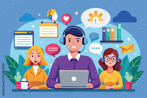 Customer service representatives engage with clients in a lively support center filled with tools, Illustration of customer service support center concept in a flat style.
