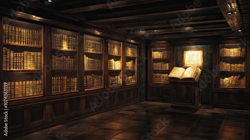 Cozy Library with Rich Wooden Shelves and Open Book