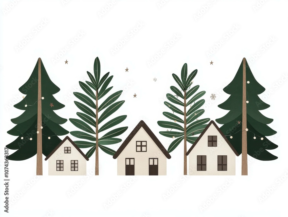Charming Woodland Scene Featuring Cozy Houses and Lush Greenery with Pine Trees and Stars, Perfect for Holiday and Seasonal Illustrations, isolated on white background Charming Woodland Scene Featuring Cozy Houses and Lush Greenery with Pine Trees and Stars, Perfect for Holiday and Seasonal Illustrations, isolated on white background