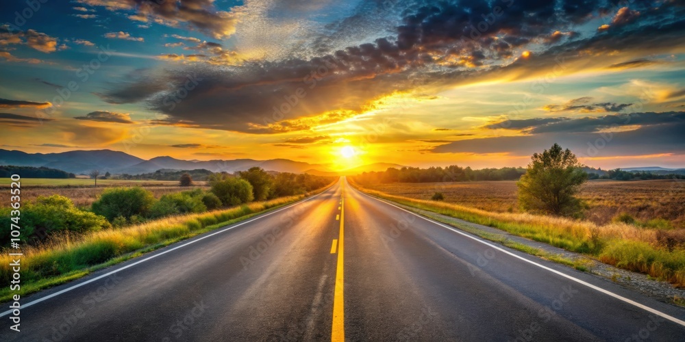 Naklejka premium Scenic highway at golden hour , Aerial view, Trucks, Cars, Motorway, Winding road, Countryside