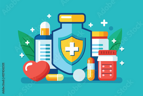 A colorful representation showcasing various medications surrounded by a protective shield design, Illustration of flat drugs protection.