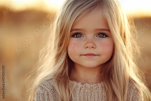 A little girl with long blonde hair and blue eyes