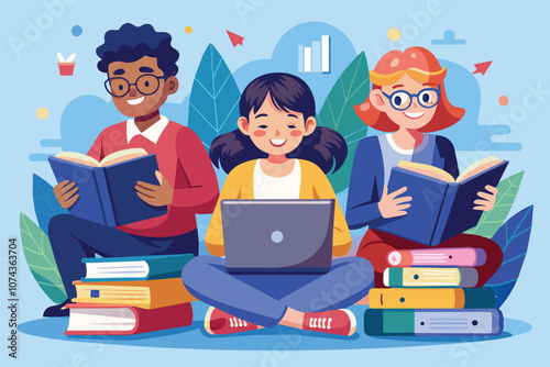 Students enthusiastically read books and use a laptop, surrounded by greenery and learning materials, Illustration of joyful students reading books with laptops