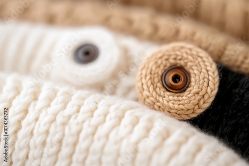 A close up of a knitted hat with buttons on it
