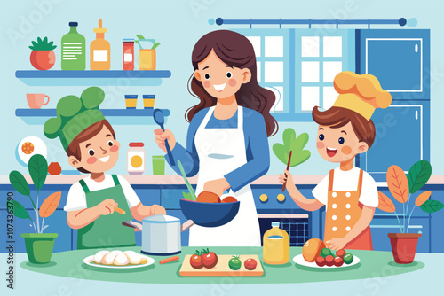 A mother and her children happily prepare a meal together in a cheerful kitchen filled with plants, Illustration of mother and children cooking in kitchen.