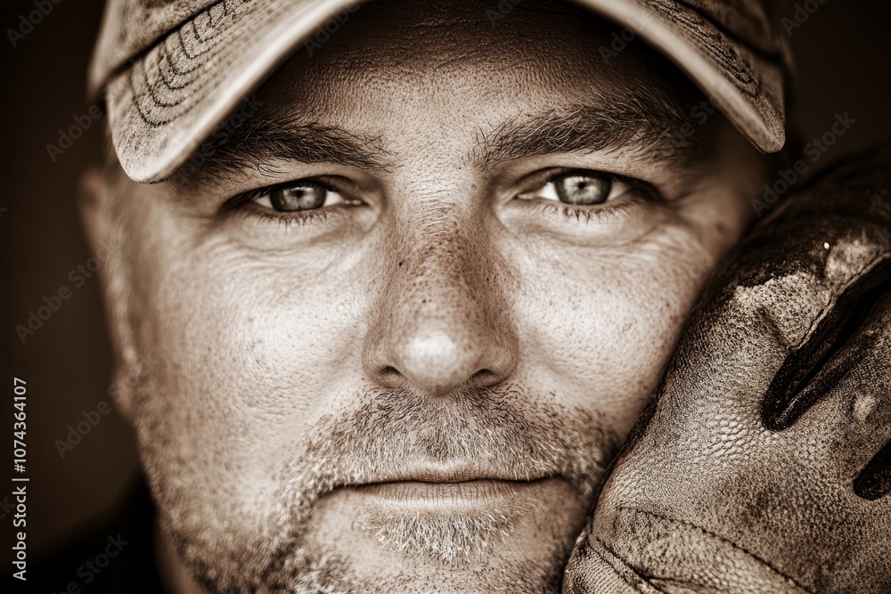 A close up of a man wearing a baseball cap and gloves A close up of a man wearing a baseball cap and gloves
