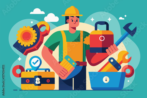 A person wearing a hard hat grips a wrench and stands by a lock box, showcasing various tools around, Illustration of person with wrench and lock box.