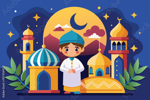 A young boy in traditional attire stands among colorful mosques under a night sky during Ramadan, Illustration of Ramadan with a welcoming background.