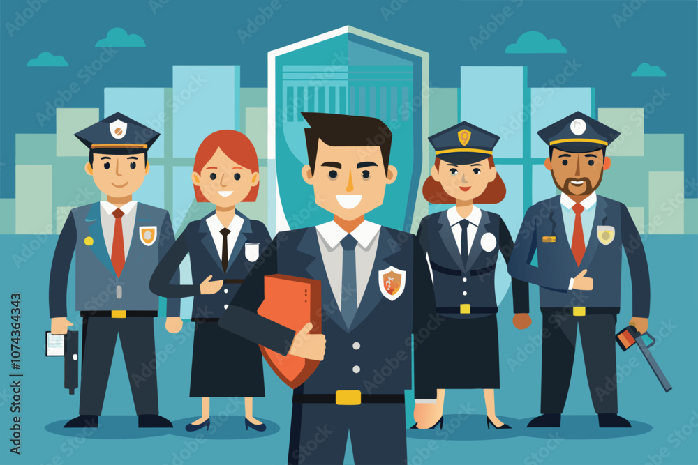 A team of security professionals stands confidently in a contemporary city setting, showcasing their roles, Illustration of security guards A team of security professionals stands confidently in a contemporary city setting, showcasing their roles, Illustration of security guards