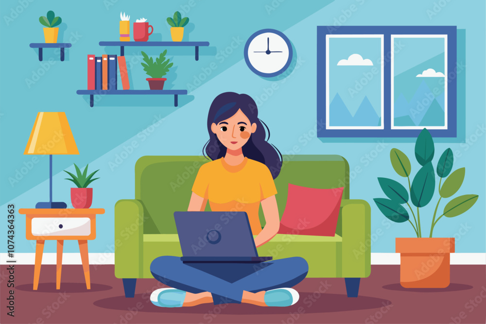 A woman is using her laptop while sitting cross-legged on a sofa in a brightly decorated living room, Illustration of woman sitting in living room with laptop A woman is using her laptop while sitting cross-legged on a sofa in a brightly decorated living room, Illustration of woman sitting in living room with laptop