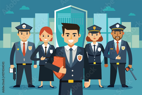 A team of security professionals stands confidently in a contemporary city setting, showcasing their roles, Illustration of security guards
