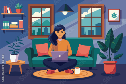 A woman sits comfortably on the floor with a laptop, enjoying her peaceful living room, Illustration of woman sitting in living room with laptop