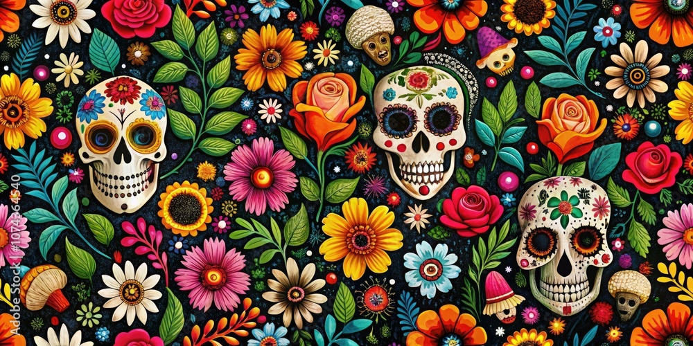 Mexican Folk Art  Pattern with Skulls and Flowers for Halloween Decor