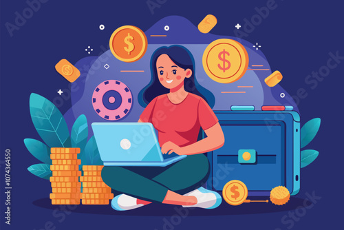 A woman sits cross-legged in a safe, typing on her laptop surrounded by coins and money icons, Illustration of woman sitting in safe with coins and laptop