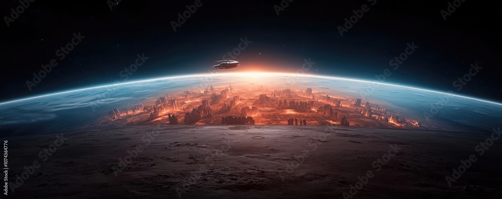 A stunning view of a planet's surface at dawn against a dark cosmic backdrop. A stunning view of a planet's surface at dawn against a dark cosmic backdrop.
