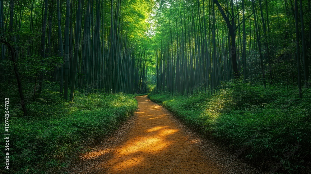 Obraz premium Serene forest path illuminated by soft sunlight.