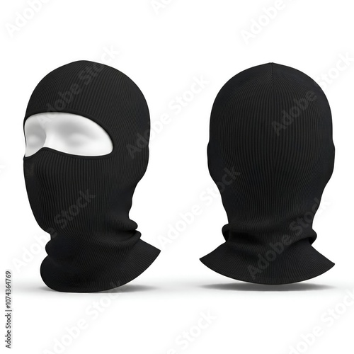A black balaclava displayed from the front and back, featuring a ribbed texture. The balaclava covers the entire head and neck, with an opening for the eyes and mouth, suitable for cold weather