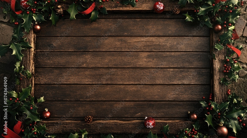 Rustic Christmas Frame with Holly and Ornaments Rustic Christmas Frame with Holly and Ornaments