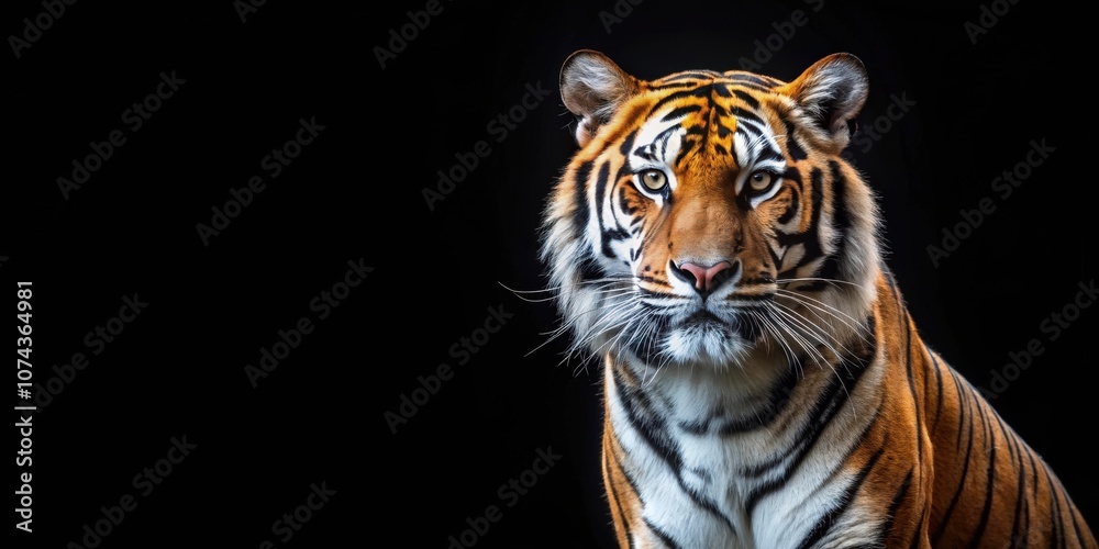 Obraz premium A majestic tiger standing boldly against a black background, tiger, fierce, wildlife, powerful, jungle, predator