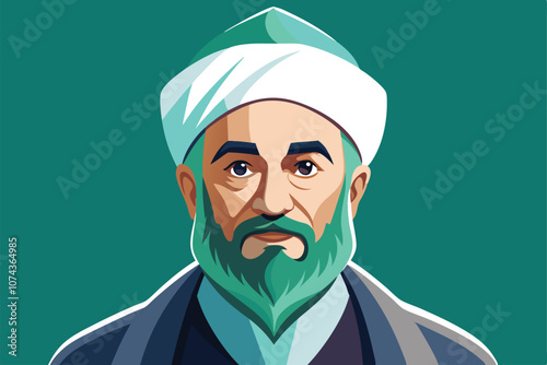 An imam is depicted in a vibrant flat illustration wearing traditional attire and a turban, Imam Flat Illustration, customizable