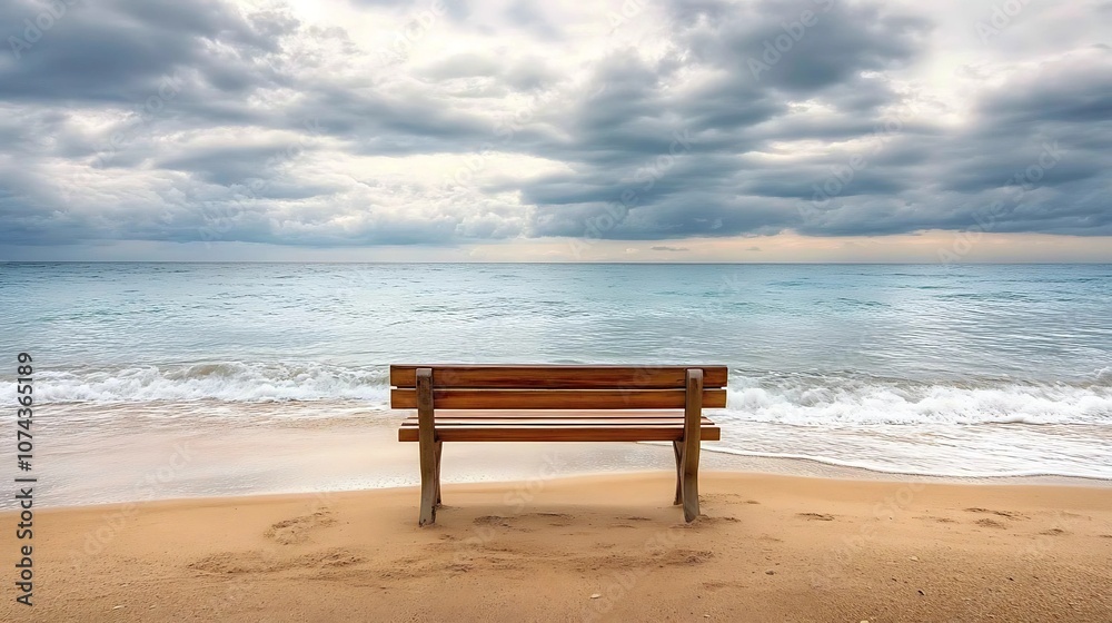 A wooden bench positioned on a quiet, sandy beach under a cloudy sky, with gentle ocean waves rolling in the background, capturing a tranquil, contemplative moment A wooden bench positioned on a quiet, sandy beach under a cloudy sky, with gentle ocean waves rolling in the background, capturing a tranquil, contemplative moment