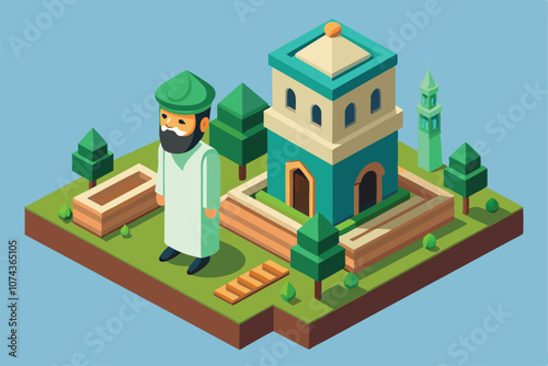 An imam in traditional attire stands near a beautifully designed mosque surrounded by greenery, Imam Isometric Illustration - Customize it!