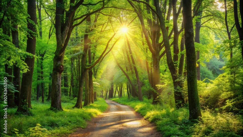Obraz premium Serene forest path surrounded by lush green trees and dappled sunlight , tranquil, peaceful, nature, scenery, pathway, woods, foliage