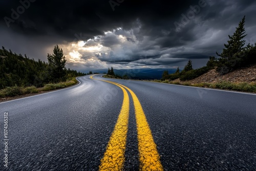 A long empty road with a yellow line in the middle of it