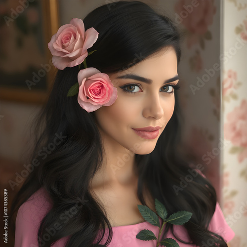 Una linda joven de ojos claros y pelo negro con dos flores sobre el pelo photo