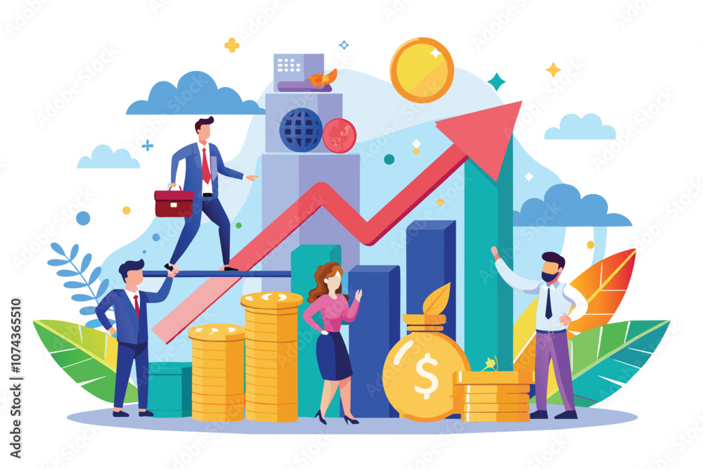 A creative depiction of a team strategizing to boost business profits through visual data analysis, Increase business profit strategy illustration A creative depiction of a team strategizing to boost business profits through visual data analysis, Increase business profit strategy illustration