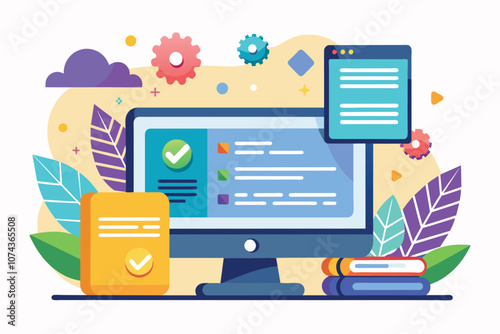 A vibrant setup showing a computer screen with coding scripts, colorful notes, and artful decorations, Improved programming language, script writing, flat illustrations.