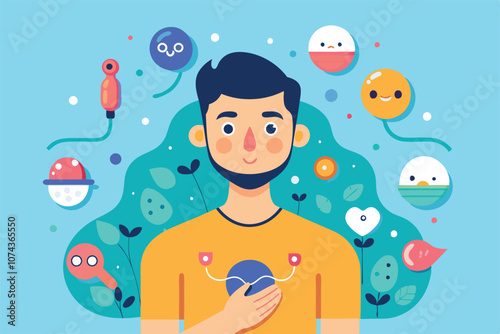 A young man contemplates infertility surrounded by colorful icons representing male reproductive health, Infertility illustration for men, customizable and flat.