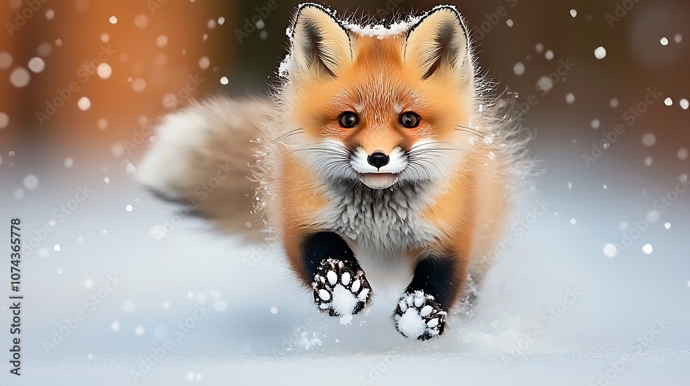 The cute fox baby is frolicking in the snow, its fluffy fur coated with delicate snowflakes as it playfully bounds through the winter wonderland, leaving tiny paw prints behind. The cute fox baby is frolicking in the snow, its fluffy fur coated with delicate snowflakes as it playfully bounds through the winter wonderland, leaving tiny paw prints behind.