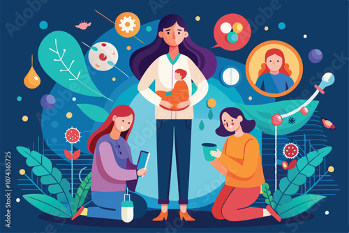 A woman holds a baby while two others engage with technology and research tools in a healthcare context, Infertility in women can be illustrated in a customizable and disproportionate way. photo