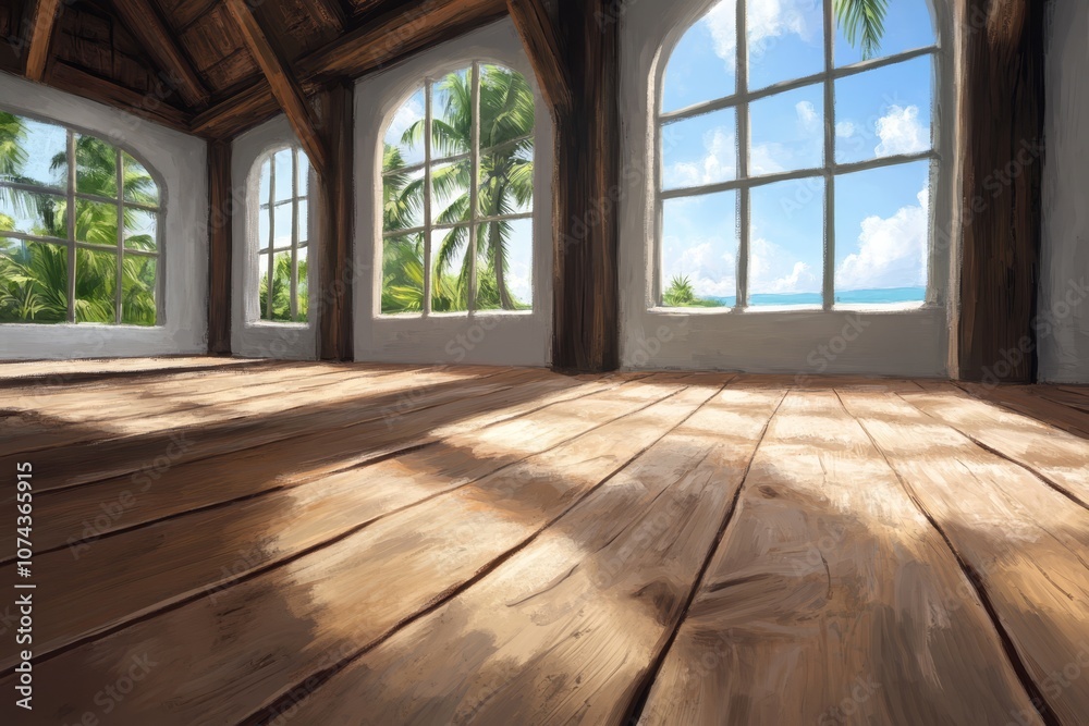 A painting of an empty room with a view of the ocean A painting of an empty room with a view of the ocean