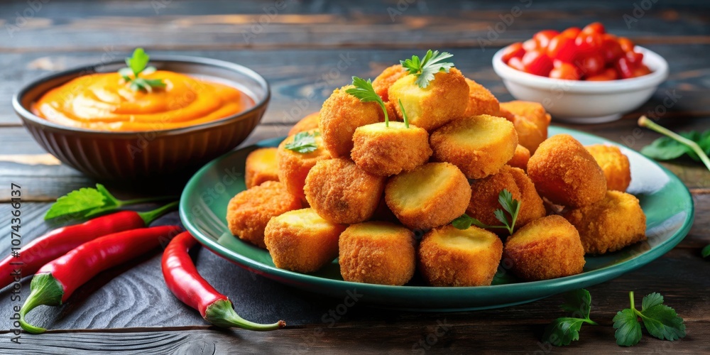 Delicious fried chili cheese nuggets on a plate , appetizer, spicy, crispy, savory, deep fried, snack Delicious fried chili cheese nuggets on a plate , appetizer, spicy, crispy, savory, deep fried, snack