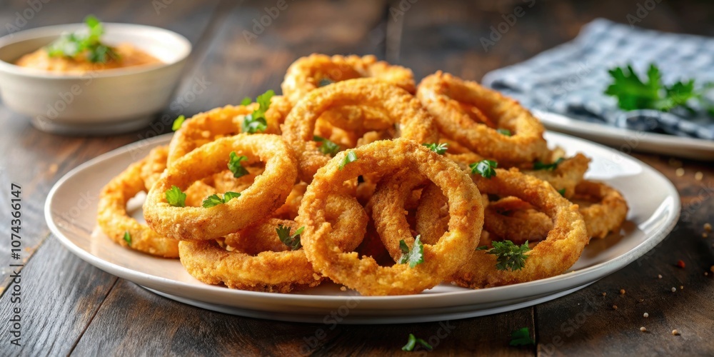 Crispy golden fried onion rings on a plate, appetizer, snack, deep fried, crunchy, delicious, fast food Crispy golden fried onion rings on a plate, appetizer, snack, deep fried, crunchy, delicious, fast food