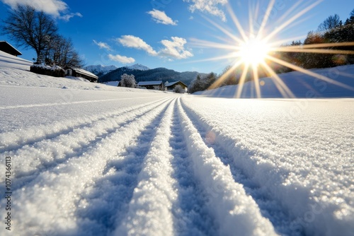 A snow covered field with the sun shining through the clouds