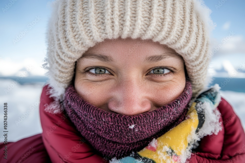 A woman wearing a hat and scarf in the snow A woman wearing a hat and scarf in the snow