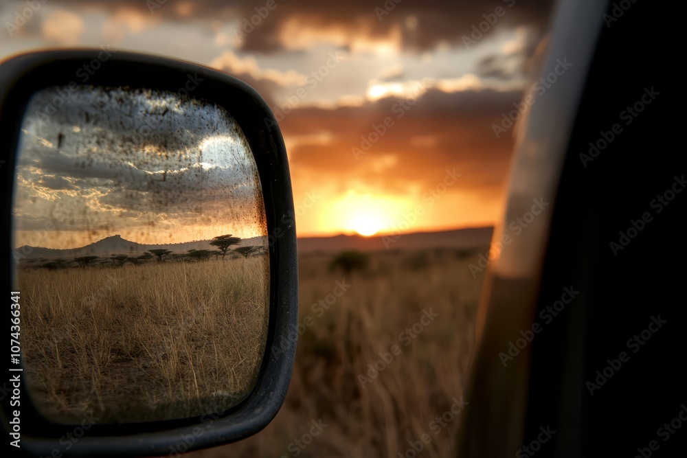 A rear view mirror of a car with a sunset in the background A rear view mirror of a car with a sunset in the background