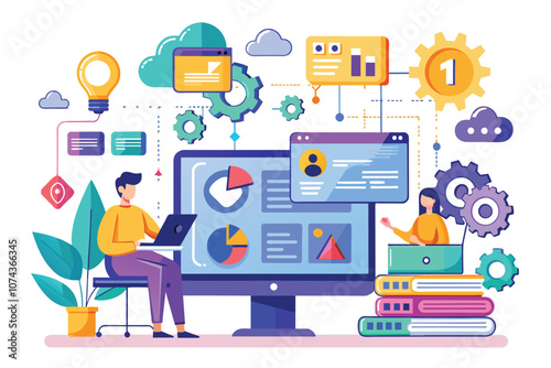 Two professionals engage in data analysis and design using flat illustration software at a modern workspace, Install the flat illustration concept software.