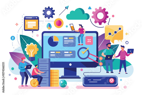 Developers team up to install flat illustration software on laptops and tablets in a lively workspace, Install the flat illustration concept software.