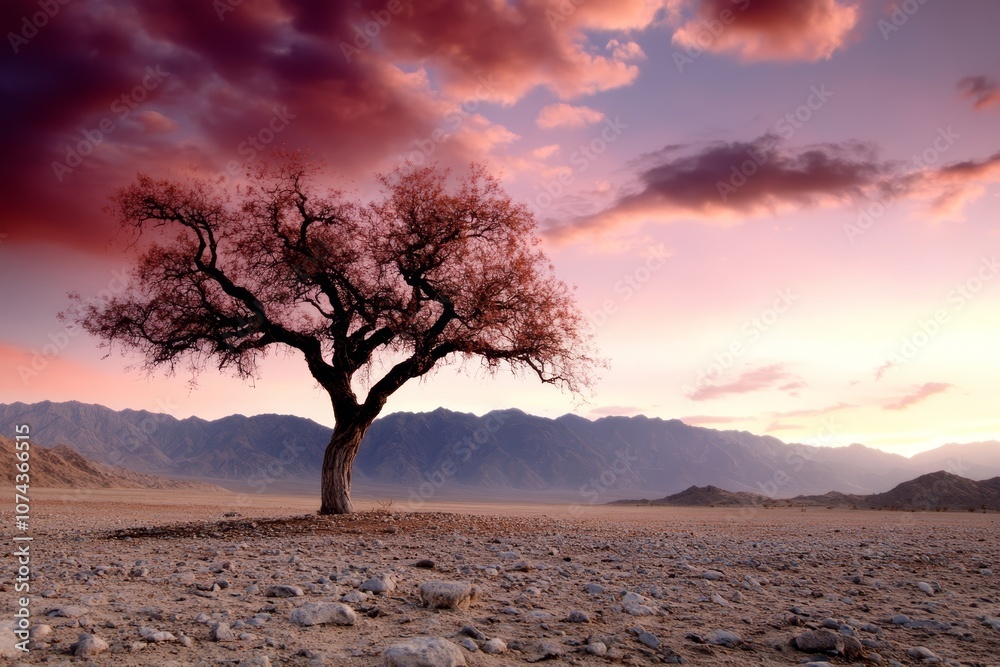 A lone tree in the middle of a desert at sunset A lone tree in the middle of a desert at sunset