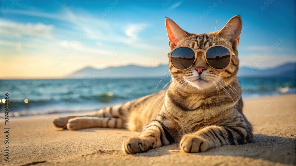 Obraz premium Cat wearing sunglasses lounging on beach with calm sea background , Cat, sunglasses, relaxation, sea, beach, chill, feline, vacation